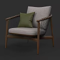 Modern Wooden Frame Accent Chair with Woven Armrests Light Gray Cushion and Green Pillow