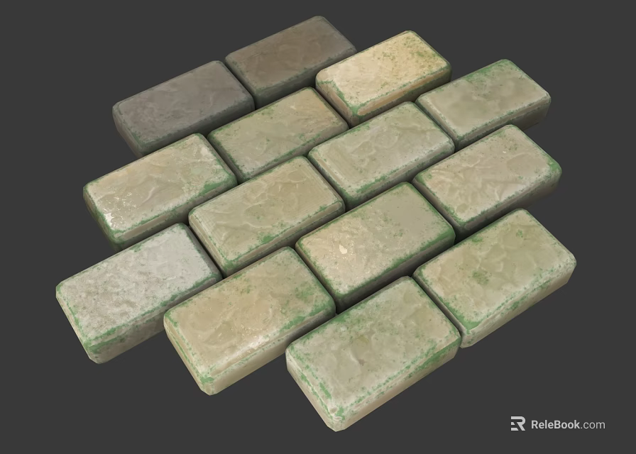 Natural Textured Bricks Featuring Mossy Green Accents In Gray And Beige Tones Arranged Neatly 3d model 