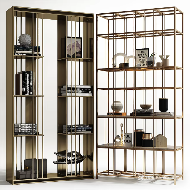 Stylish Modern Display Cabinet With Gold Metal Frame Wooden Shelves And Decorative Ornaments 3d model 