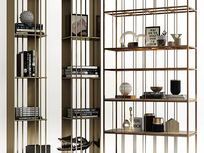 Stylish Modern Display Cabinet With Gold Metal Frame Wooden Shelves And Decorative Ornaments 3d model