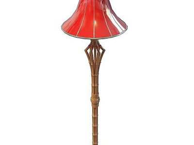 Tech Exhibition Hall Showcasing Red Lampshade Floor Lamp With Golden Decorative Pole 3d model