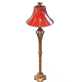 Tech Exhibition Hall Showcasing Red Lampshade Floor Lamp With Golden Decorative Pole