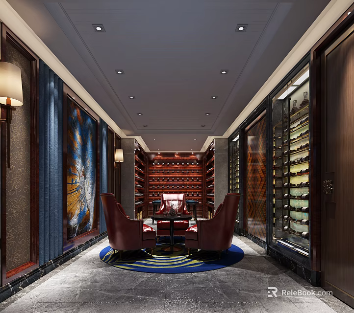 Luxurious Wine Cellar Interior With Wooden Racks Red Chairs Wine Bottles And Table 3d model 