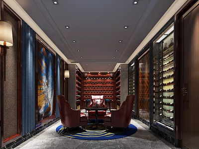 Luxurious Wine Cellar Interior With Wooden Racks Red Chairs Wine Bottles And Table 3d model