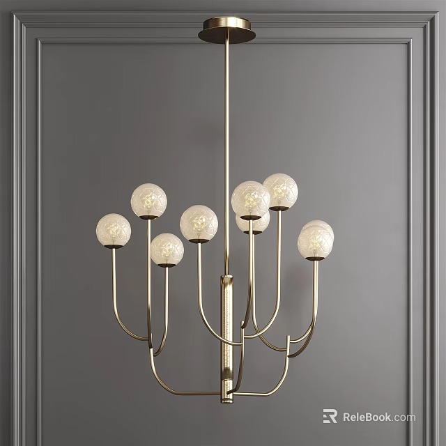 Modern Gold Frame Chandelier With Textured Spherical Glass Shades On Grey Wall 3d model 