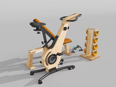 Sports Equipment Set With Wooden Frame Stationary Bike Orange Seat And Yellow Dumbbell Rack 3d model