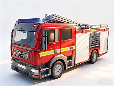 Red Fire Truck Functional Emergency Vehicle With Blue Lights Yellow Stripes Ladder And Equipment 3d model