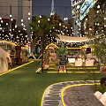 Vibrant Nighttime Commercial Street With String Lights Tents Green Grass Potted Plants And Wooden Barrels