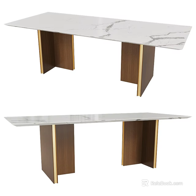 Elegant Modern Dining Table Design With Marble Top And Wooden Legs Featuring Gold Trim 3d model 