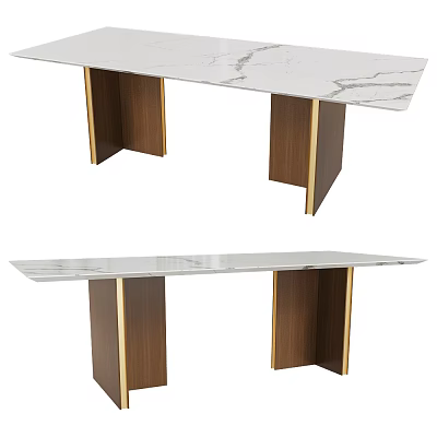 Elegant Modern Dining Table Design With Marble Top And Wooden Legs Featuring Gold Trim 3d model