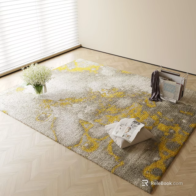 Gray And Yellow Square Area Rug With Floral Pattern And White Flowers On Wooden Floor 3d model 