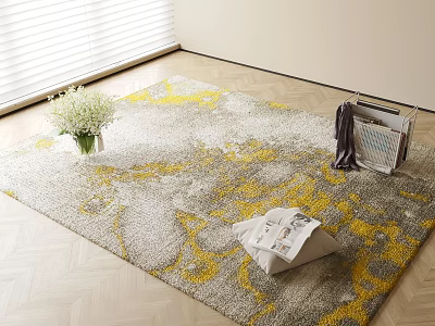 Gray And Yellow Square Area Rug With Floral Pattern And White Flowers On Wooden Floor 3d model