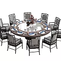 Stylish Round Dining Table Set With Matching Chairs And Decorative Tableware Centerpiece 3d model