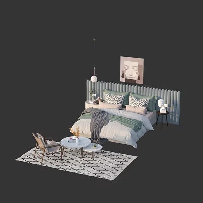 Modern Double Bed With Vertical Slat Headboard Green Bedding Side Table Chair And Rug 3d model