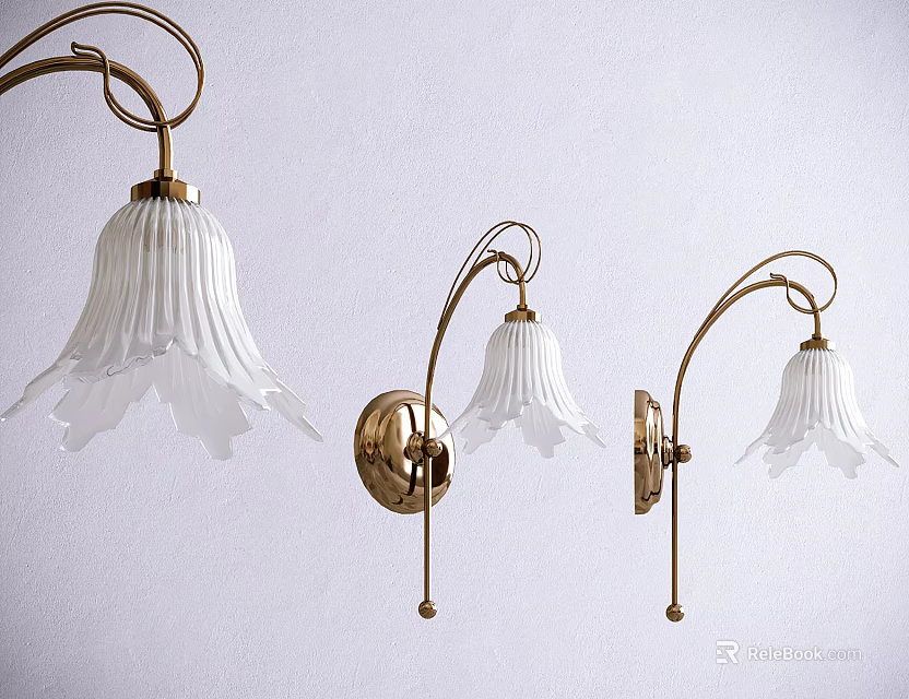 Elegant Brass Wall Lamps With White Petal Shaped Lampshade Mounted on Wall 3d model 