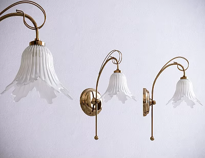 Elegant Brass Wall Lamps With White Petal Shaped Lampshade Mounted on Wall 3d model