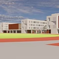 Modern School Classroom Buildings With Red Running Track And Green Lawn