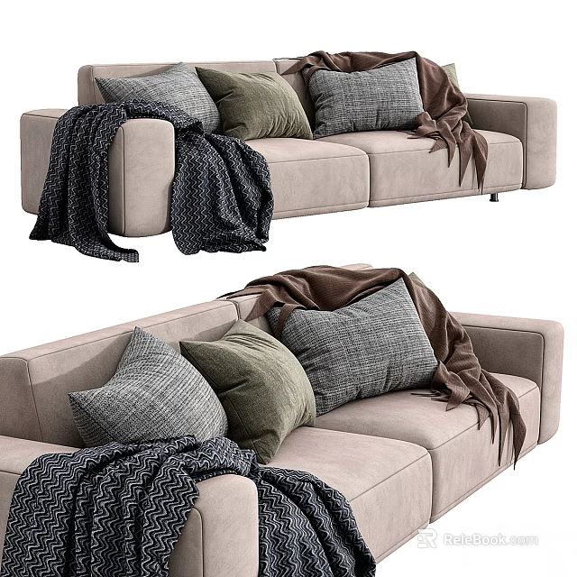 Cozy Beige Sofa With Green Gray Pillows And Soft Brown Blankets 3d model 