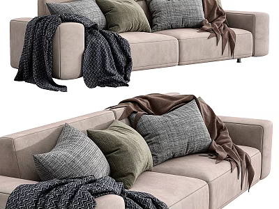 Cozy Beige Sofa With Green Gray Pillows And Soft Brown Blankets 3d model