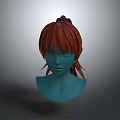 Game Film Character 3D Head Model with Red Hair Bun Hairstyle and Loose Strands