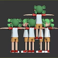 Colorful Toy Figures With Green Hair White Shirts Orange Shorts Red Shoes On Blue Platform
