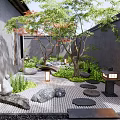 Japanese Courtyard Garden Design Featuring Stones Green Plants Trees And Stone Lantern