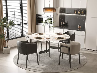 Modern Round Dining Table Set with Chairs Pendant Light and Gray Rug in Open Kitchen 3d model