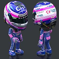 Cartoon Man in Pink and Blue Racing Suit with CIR MAGNIFI ALPINE Logos on Helmet Standing