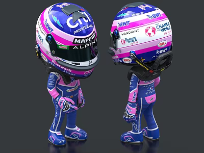 Cartoon Man in Pink and Blue Racing Suit with CIR MAGNIFI ALPINE Logos on Helmet Standing 3d model