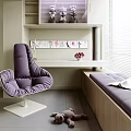 Cozy Home Balcony With Purple Comfortable Chair Decorative Shelf Wall Art Blinds Bench and Potted Plant