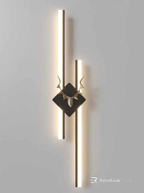 Elegant Modern Wall Lamp With Deer Head Decoration And Gold Illuminated Strips 3d model 