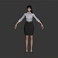 Professional Business Woman Wearing White Shirt Black Skirt Standing with Arms Outstretched Against Grey Background