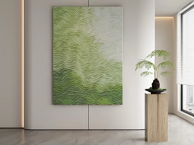 Modern Interior With Green Abstract Wavy Texture Painting And Wooden Plant Stand 3d model