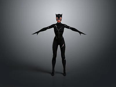 Catwoman In Black Bodysuit With Cat Ear Mask Arms Outstretched Against Gray Background 3d model
