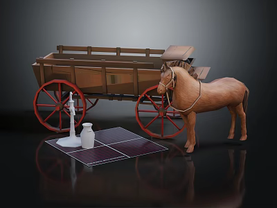 Vintage Wooden Carriage Pulled By Horse With Red Wheels And Solar Panels 3d model