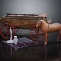 Vintage Wooden Carriage Pulled By Horse With Red Wheels And Solar Panels