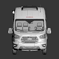 Modern White Ford Van RV With Black Roof Equipment And Red Side Stripes Design