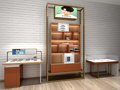 Modern Retail Display Shelves With Golden Frame Wooden Shelves And Side Tables For Product Showcase 3d model