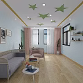 Living Area With Light Blue Walls White Cabinets Wooden Flooring Pink Sofa And Cloud Lights