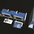 Three Blue Public Chairs With Metal Frame Next To Metal Storage Case