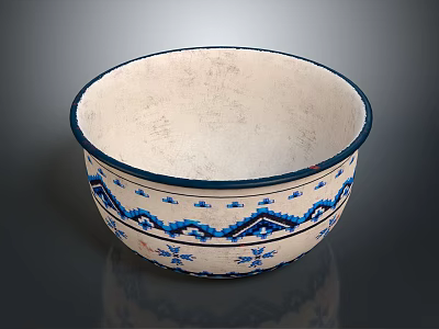 Elegant White Decorative Bowl With Blue Rim And Intricate Blue Patterns For Home 3d model