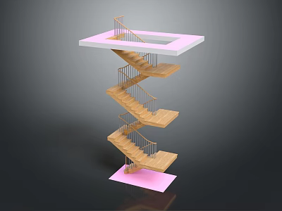 Spiral Staircase Multi Level Structure With Wooden Steps And Pink Platforms 3d model
