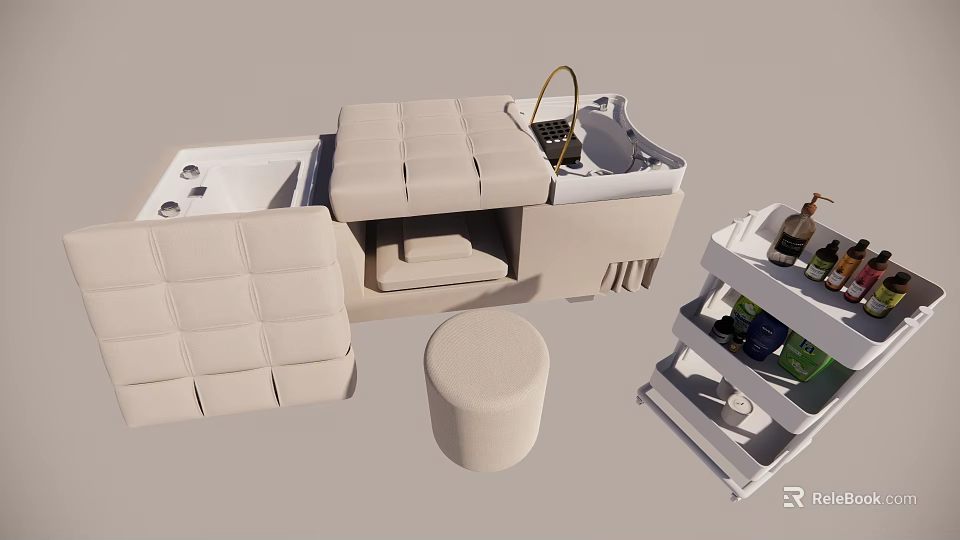 Padded Massage Bed With Round Stool And Storage Shelf For Massage Oils 3d model 