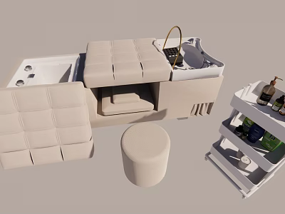 Padded Massage Bed With Round Stool And Storage Shelf For Massage Oils 3d model