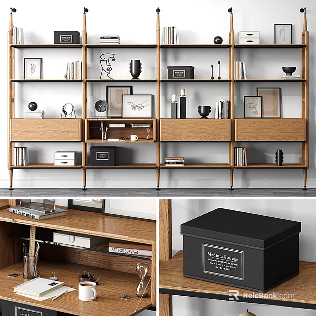 Modern Wooden Bookcase With Framed Pictures Vases Books And Decorative Boxes 3d model 