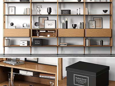 Modern Wooden Bookcase With Framed Pictures Vases Books And Decorative Boxes 3d model