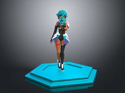 3D Character Model With Blue Green Hair And Black White Outfit On Blue Hexagonal Platform 3d model