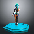 3D Character Model With Blue Green Hair And Black White Outfit On Blue Hexagonal Platform