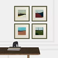 Four Framed Oil Paintings With Colorful Landscape Elements On White Wall Interior Decor