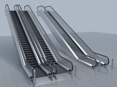 Modern Indoor Escalators With Silver Metal Frame And Black Steps Design 3d model